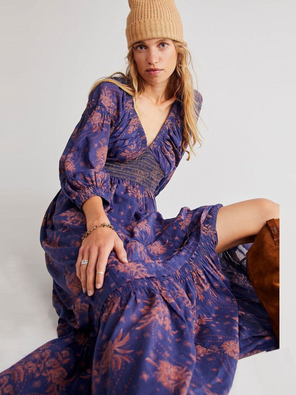 Free People Golden Hour Maxi Dress V-Neck Balloon Sleeve Blue Floral Peasant